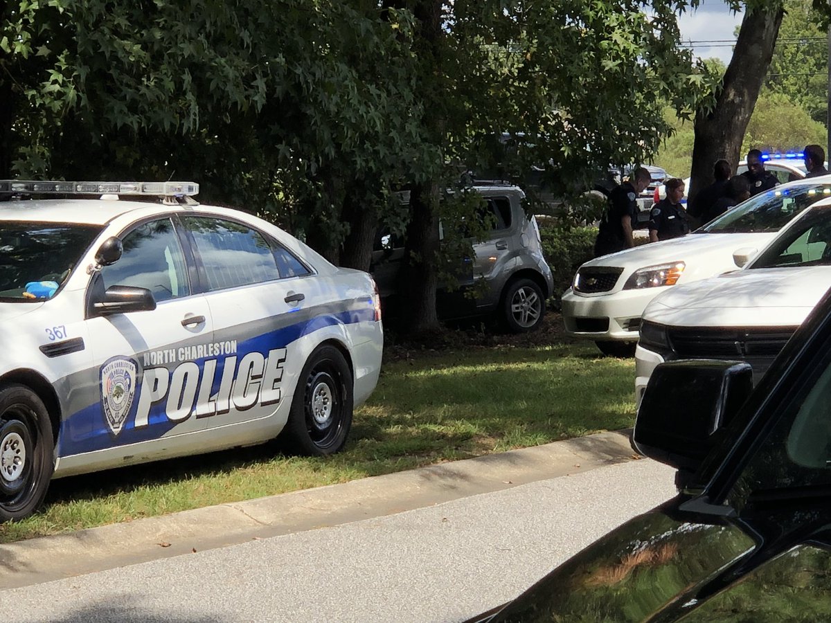 Police chase of stolen car ends at Dorchester Rd and Archdale. NCPD and Chas Co Sheriff seen looking through KIA that appears to have crashed into the woods. chsnews @Live5News   