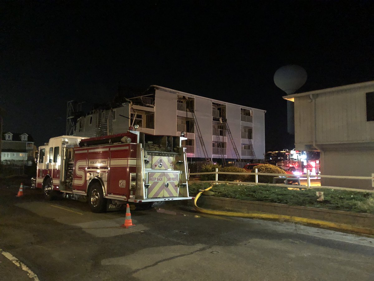 Fire crews are still on scene of a large structure fire along N. Ocean Blvd. it started around 530 last night. Several condos are completely destroyed. No sign of flames but crews monitoring hotspots