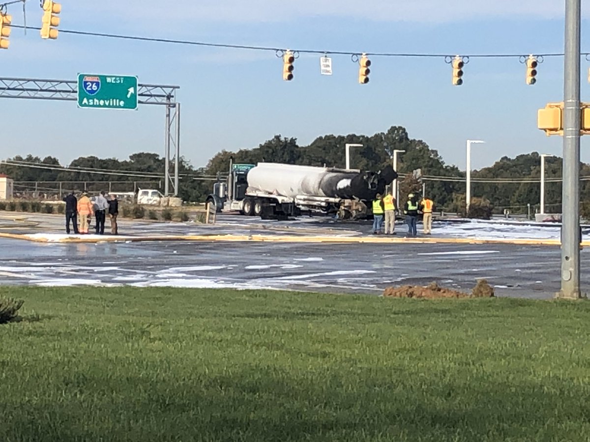Tanker fire/fuel spill has shut down parts of E Blackstock Rd near I-26. It's unclear which driver was at fault, but a wreck caused this tanker carrying 8,700 gallons of fuel to catch fire and leak diesel and gas.