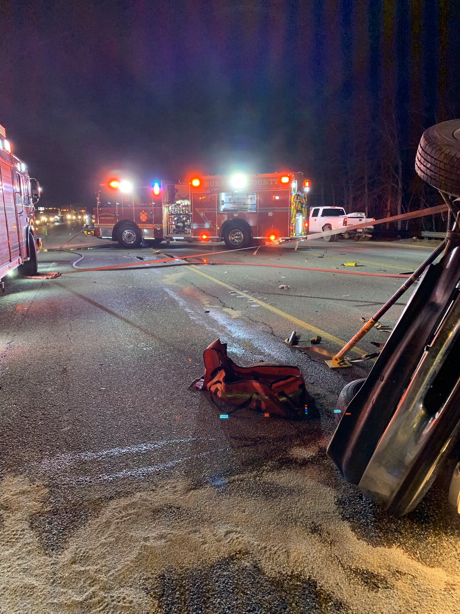 At approximately 5:50 a.m., HCFR crews responded to the area of E. Hwy. 501/Academy Dr. for an accident involving a vehicle (overturned) vs. a propane truck.  The driver of the truck was transported with  minor injuries. The driver of the propane truck waived transport