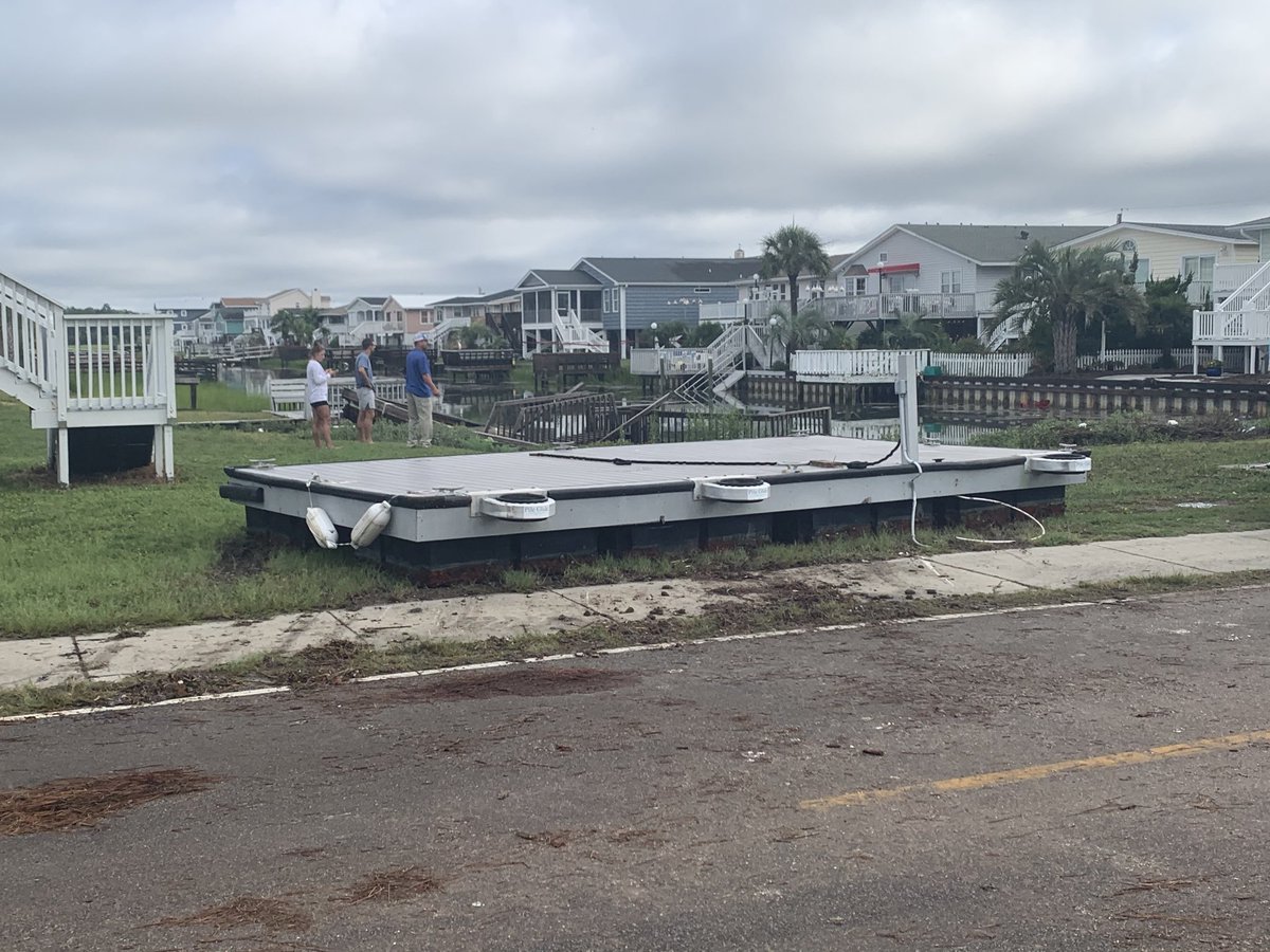 Virtually every canal in Cherry Grove has several docks that have broken lose as a result of the storm  surge.  Many were floated into yards and side streets