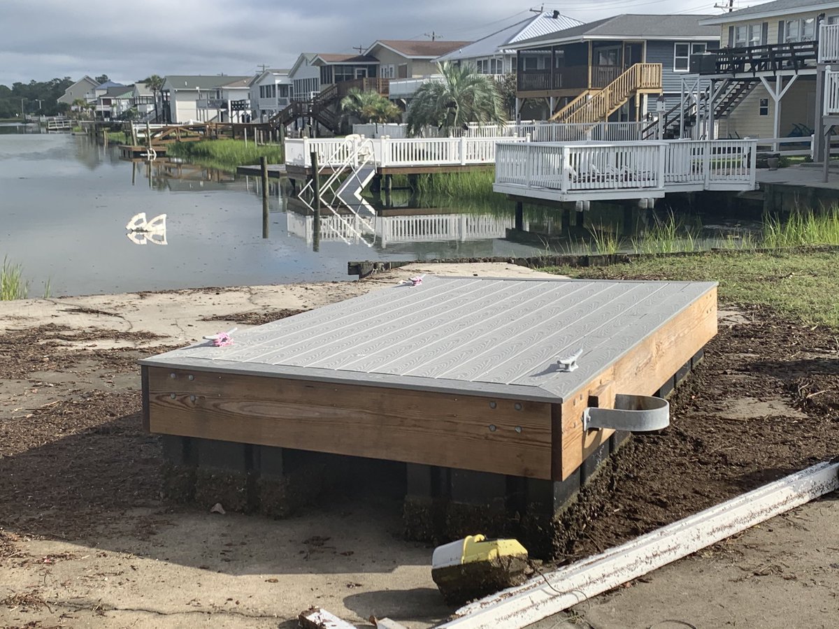 Virtually every canal in Cherry Grove has several docks that have broken lose as a result of the storm  surge.  Many were floated into yards and side streets