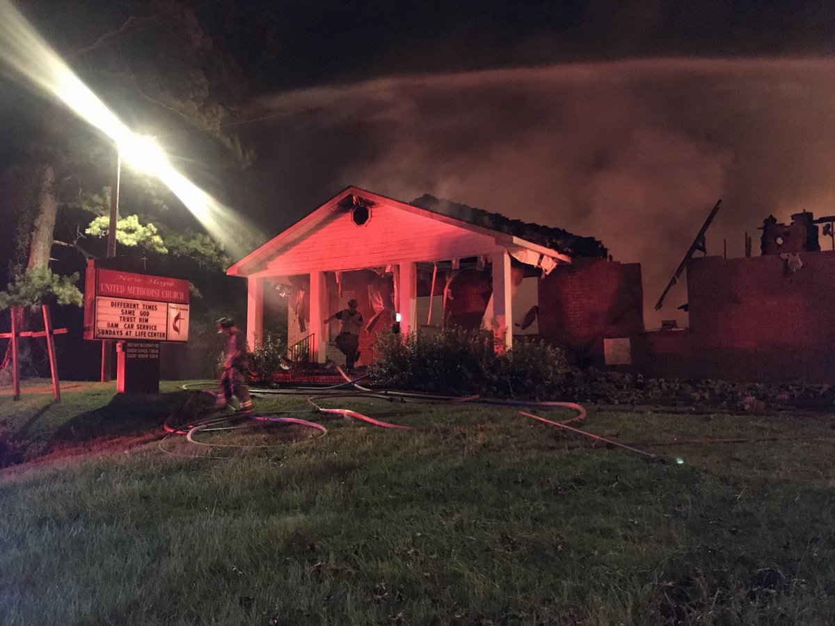 Crews working to put out fire at New Hope United Methodists Church in Huger. Cainhoy Fire Department PIO says the building is a total loss and was engulfed when they arrived. No one was in the building and no injuries were reported. Dozens of fire officials on scene