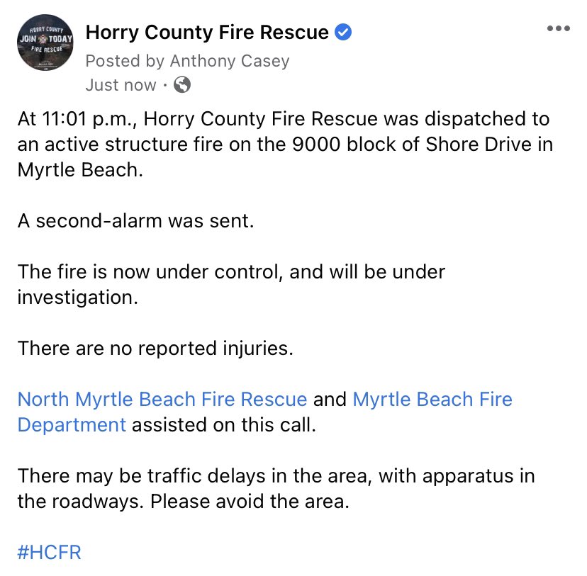 Info. on Shore Drive second-alarm fire in Myrtle Beach
