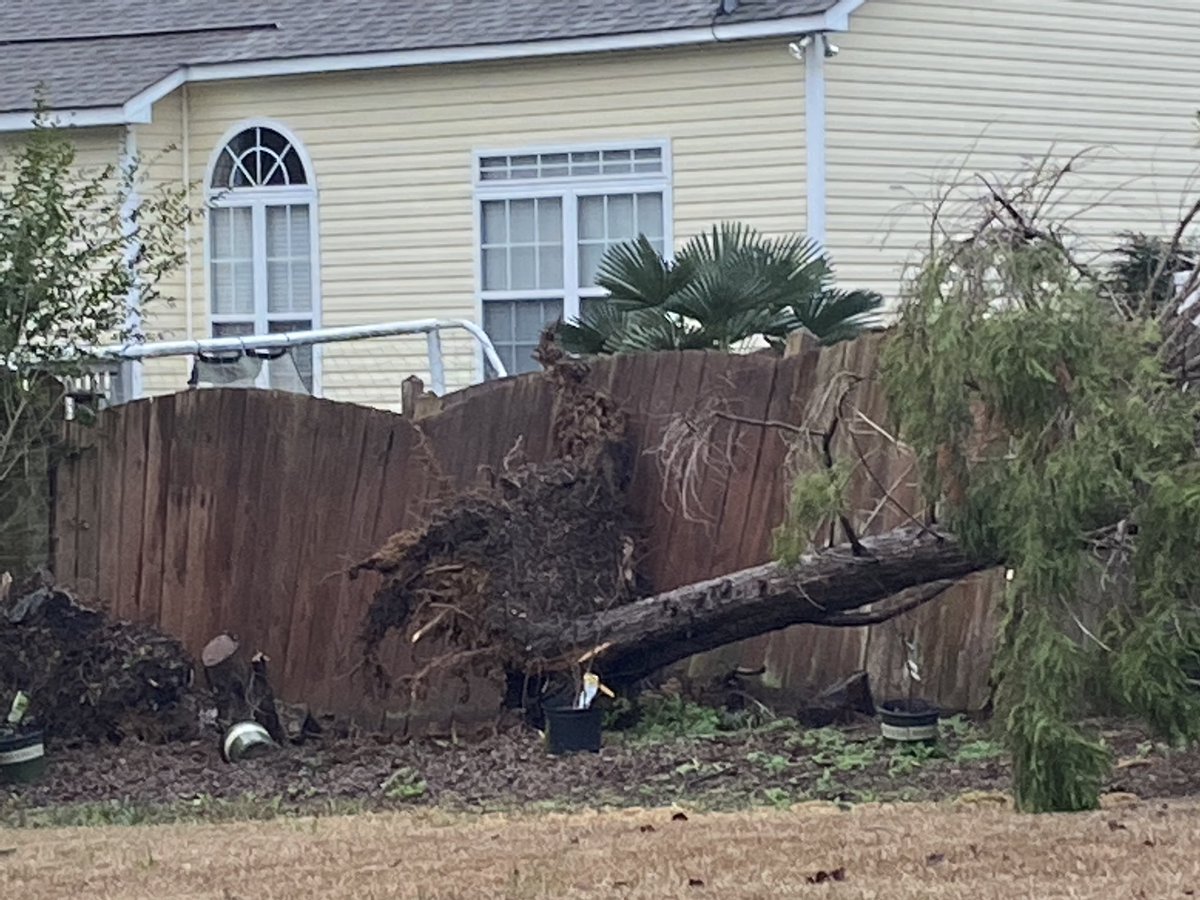 Storm damage from the wind this morning in Lexington, SC. Wind gusts will slowly back off through the day