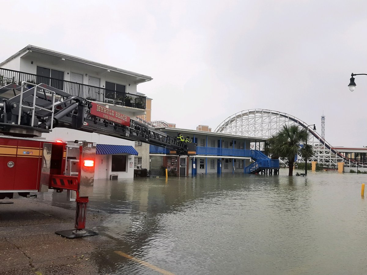 Myrtle Beach Fire crews responded to 316 4th Ave S for a structure fire. There was no fire, but Truck 6 rescued 4 people who were trapped on the second floor due to flooding in the area. 